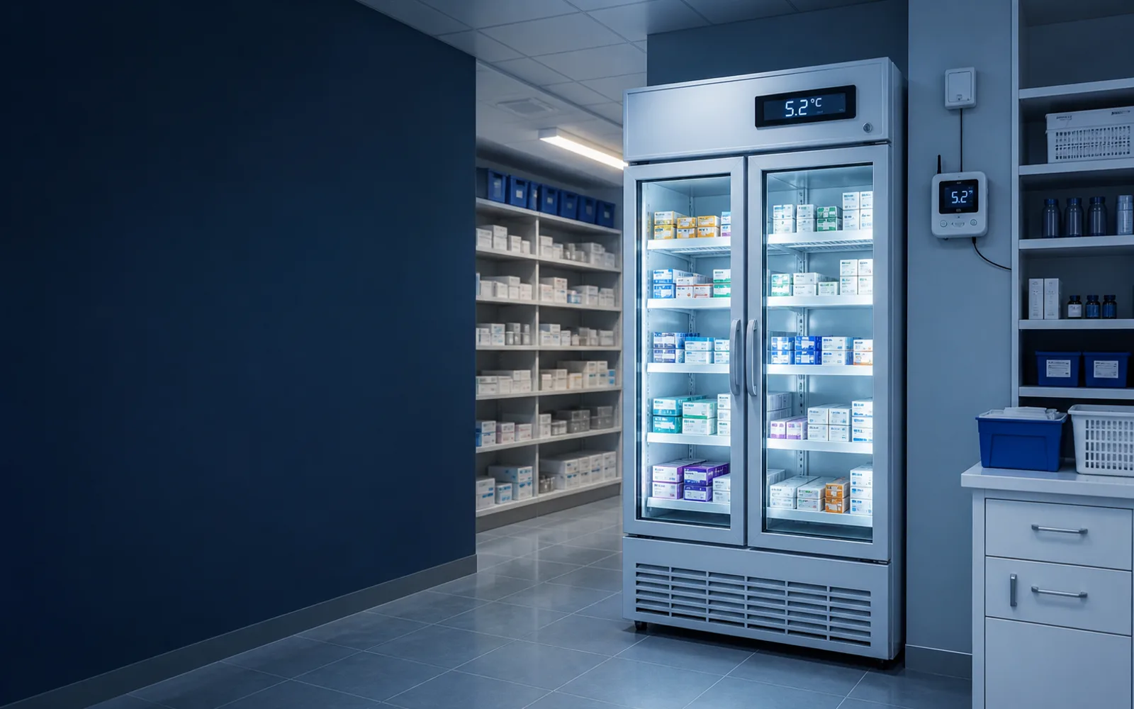 Refrigerador de medicamentos em ambiente farmacêutico controlado